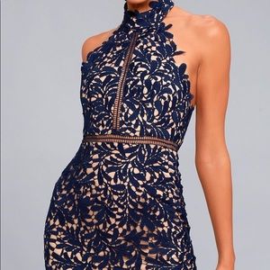 Navy blue lace/nude midi backless dress